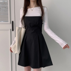 批发chic 韩版早秋时尚通勤露背系带收腰叠穿<b class='q'>百搭</b>吊带背心连衣裙