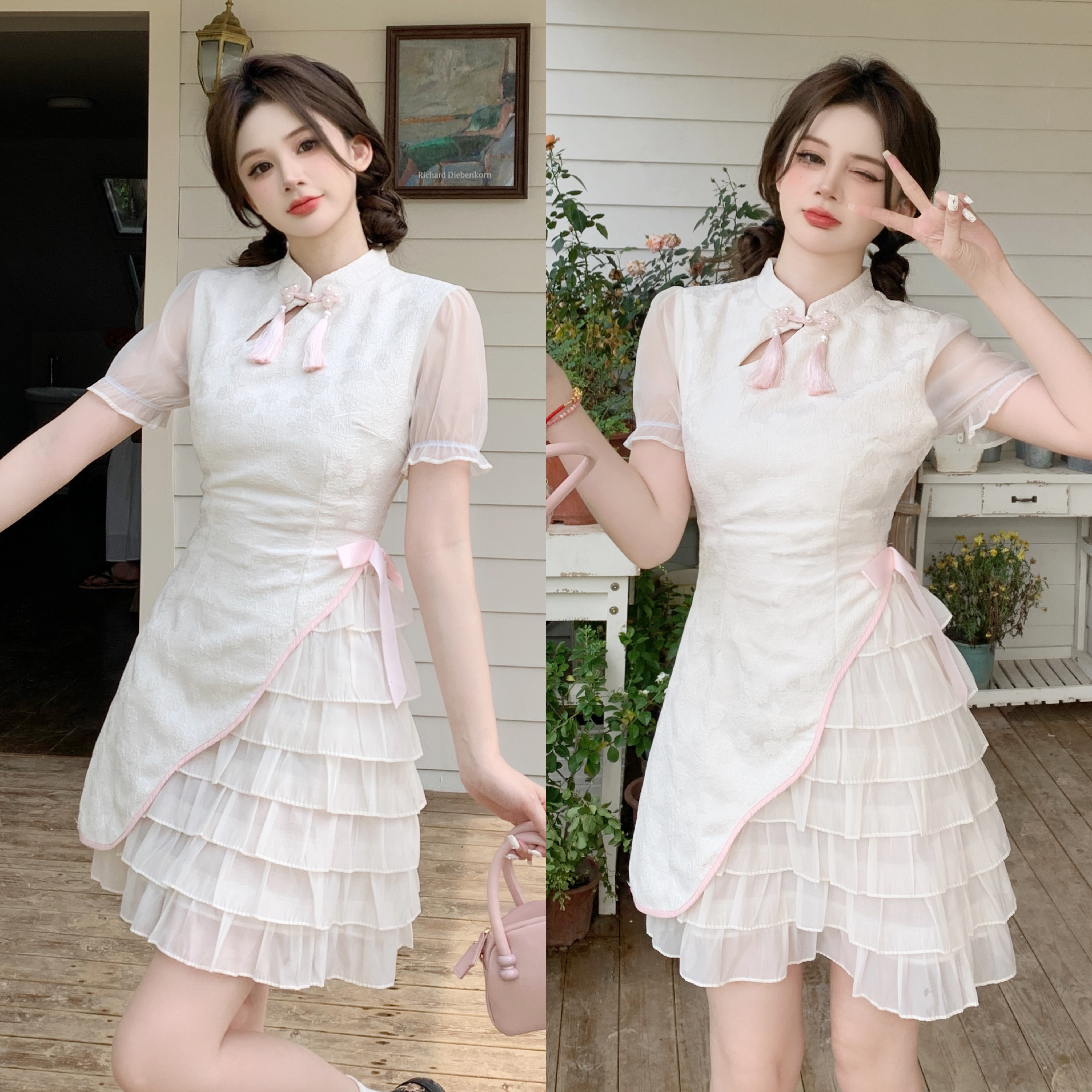 MY7509# 大码胖mm新中式甜美蝴蝶结网纱短旗袍连衣裙夏季新款裙子女女...