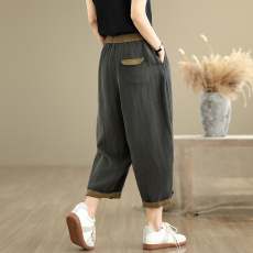 批发实拍图夏棉麻宽松阔腿<b class='q'>哈伦裤</b>2026新款高腰复古撞色薄款工装休闲裤