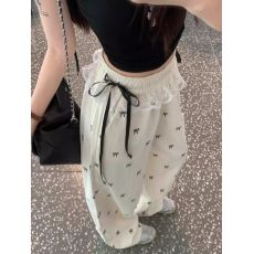 批发甜辣妹蕾丝边拼接休闲裤蝴蝶结裤子女春季宽松松紧腰阔腿裤直筒裤