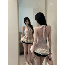 批发实拍实价 性感公主风甜美挂脖蕾丝花边吊带上衣女