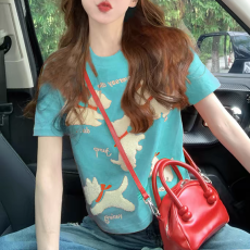 批发40支1*1螺纹大码<b class='q'>卡通</b>可爱小狗毛巾绣短袖<b class='q'>t</b><b class='q'>恤</b>女小众设计感短款上衣