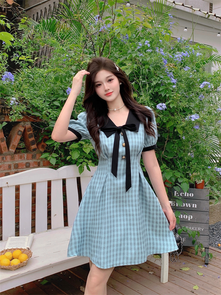 MY10791# 蓝色学院风娃娃领短袖格子连衣裙女夏季甜美设计感气质收腰a...