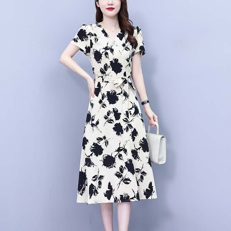 MY8518# 轻熟风裙子新款夏装女复古气质中长款收腰显瘦短袖印花连衣裙女...