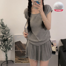 批发新宝 夏83夏季短袖短裤睡衣女套头舒适露背带胸垫人棉套装家居服