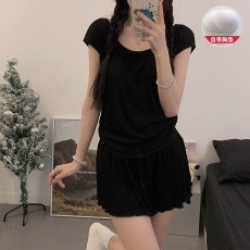 批发新宝 夏83夏季短袖短裤睡衣女套头舒适露背带胸垫人棉套装家居服