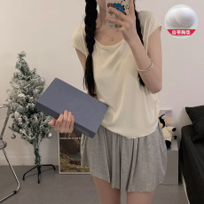 批发新宝 夏83夏季短袖短裤睡衣女套头舒适露背带胸垫人棉套装家居服