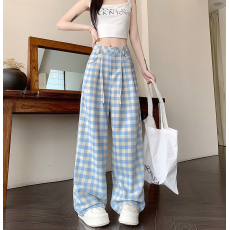 批发好看 内包边蓝色格子阔腿裤女<b class='q'>夏</b>季新款高腰宽松直筒休闲裤子高级