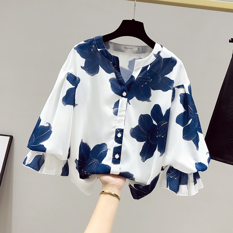 RY2492# 雪纺衫女七分袖2026夏装新款上衣宽松遮肚子灯笼袖衬衫碎花小衫女