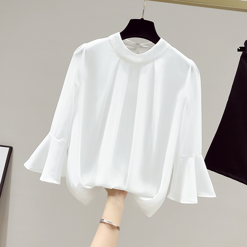 RY2491# 实拍喇叭袖纯色雪纺衫女衬衫夏韩版宽松五分袖打底衫上衣