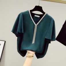 批发<b class='q'>雪纺衫</b>女短袖衬衫春夏新款V领时尚<b class='q'>雪纺上衣</b>宽松百搭洋气小衫