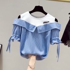 批发实拍夏季新款短袖韩版露肩条纹T恤显瘦刺绣<b class='q'>雪纺衫</b>上衣女