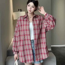 批发格纹宽松衬衫春季大码百搭衬衣原宿风休闲复古百搭外套女长袖衬衣
