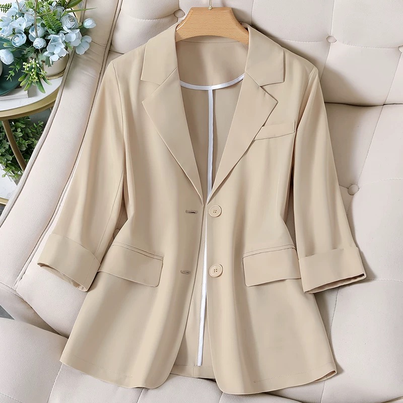 MY15360#卡其色西装外套女夏季薄款春秋炸街小个子高级感七分袖休闲小西...