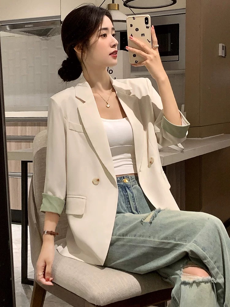 RY6297# 高级感西装外套女七分袖白色休闲小个子气质网红夏季薄款西服上...