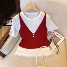 批发实拍 韩系温柔<b class='q'>假两件</b>下摆蕾丝边短袖叠穿吊带T恤女新品超好看上衣