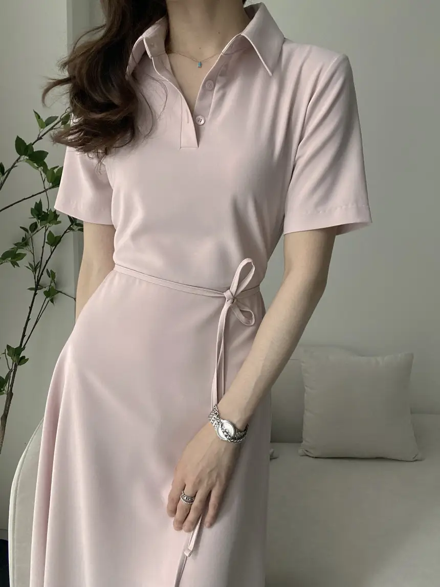 프렌치 감성 끈 리본 허리 조임 폴로 원피스 상세 이미지 1