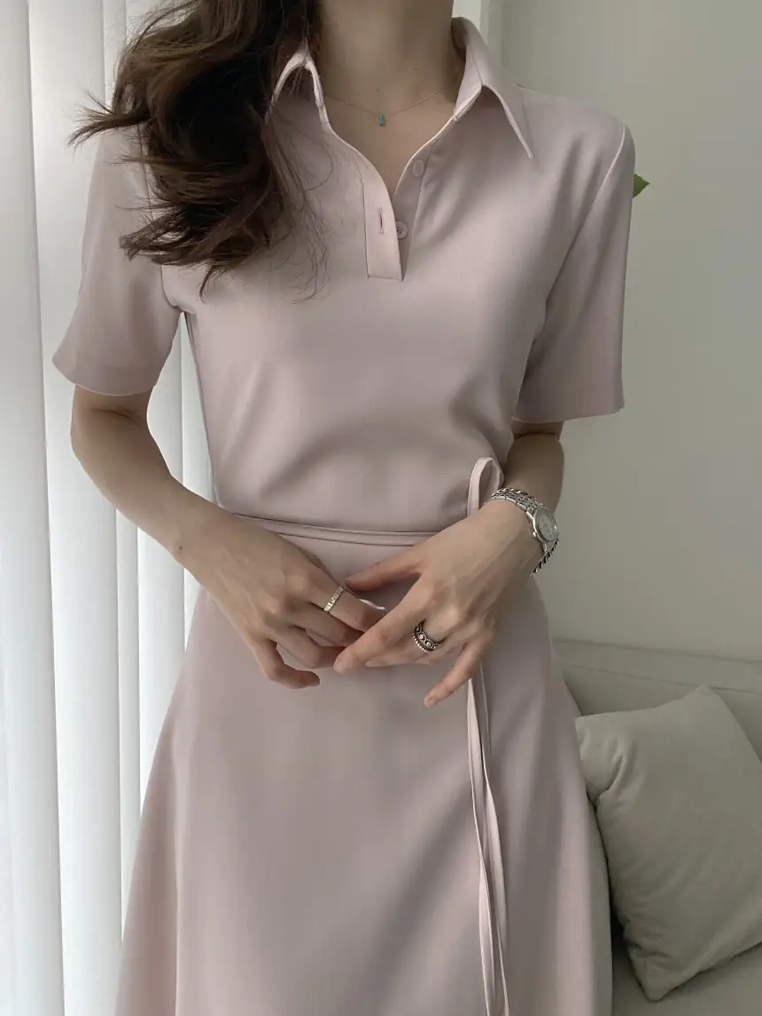 프렌치 감성 끈 리본 허리 조임 폴로 원피스 상세 이미지 7