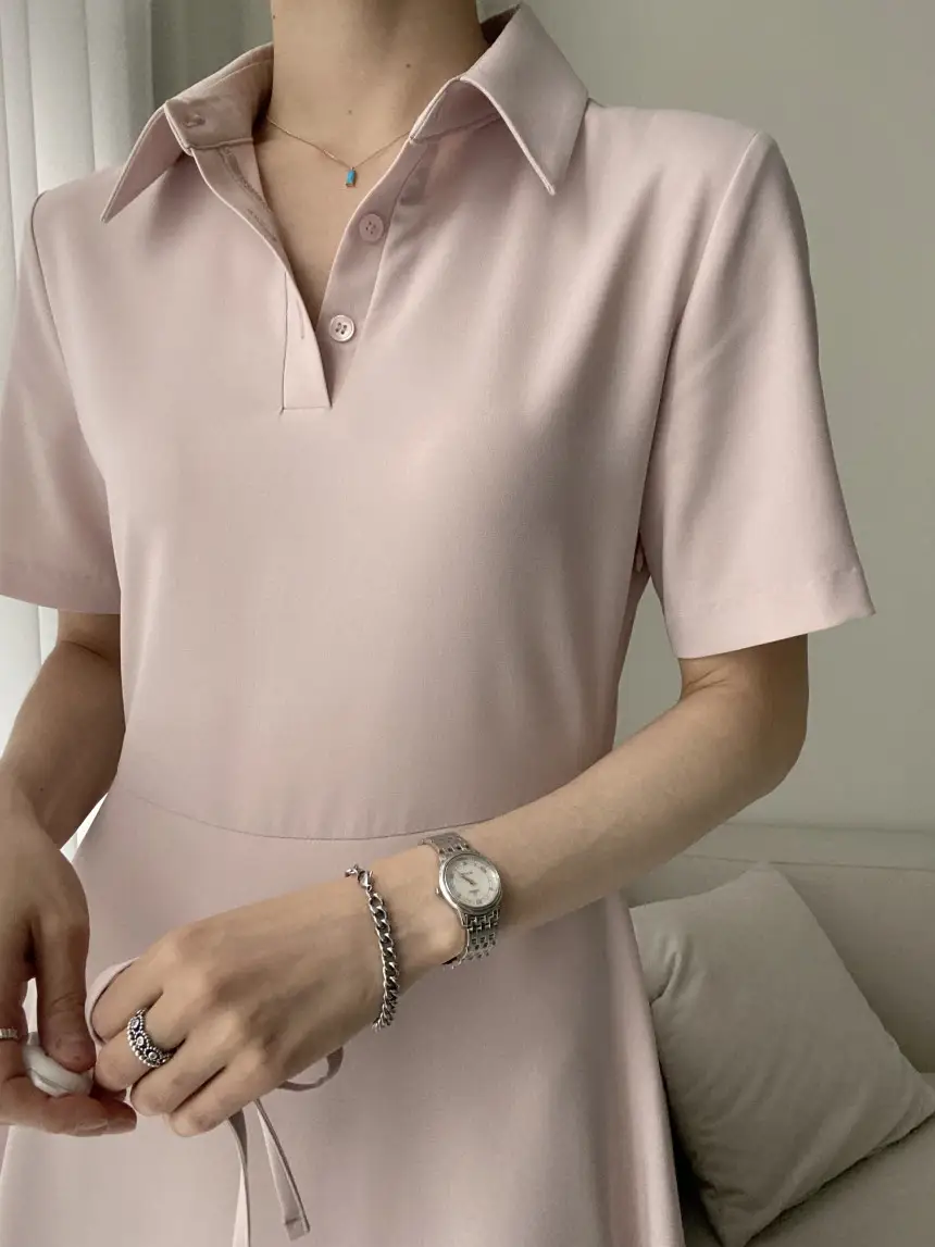 프렌치 감성 끈 리본 허리 조임 폴로 원피스 상세 이미지 11