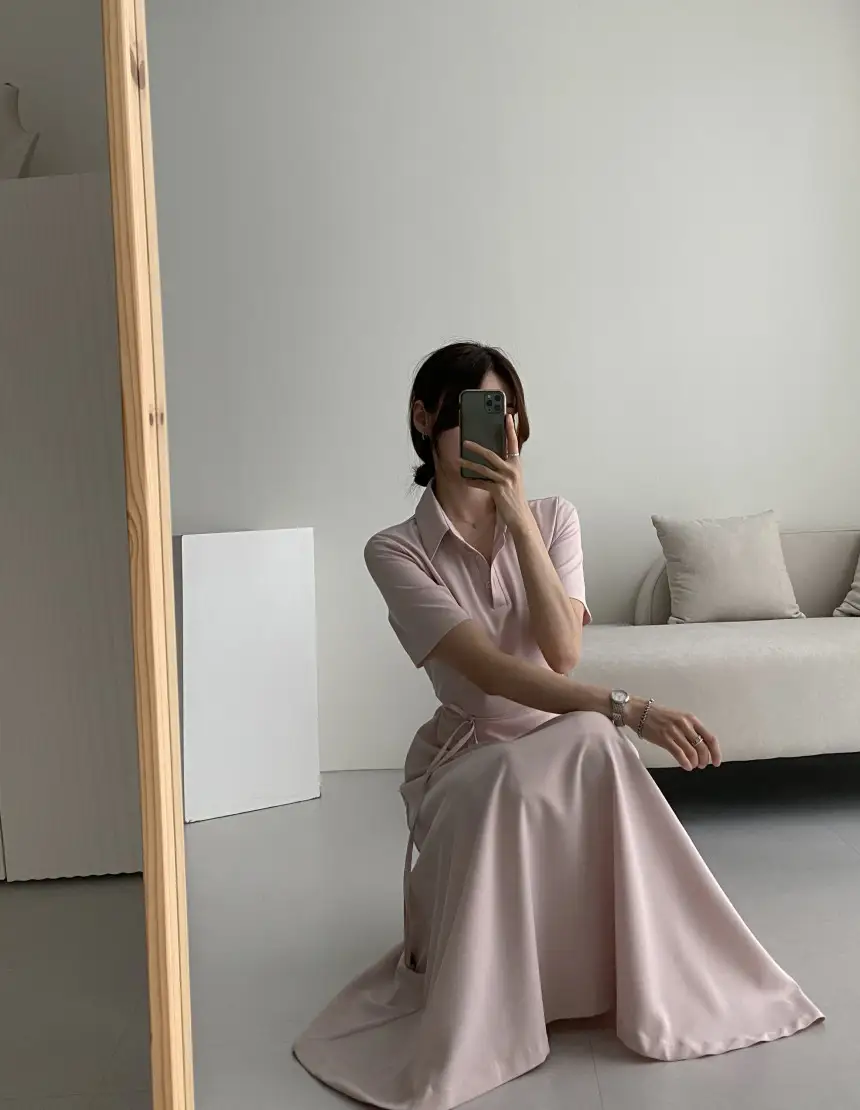프렌치 감성 끈 리본 허리 조임 폴로 원피스 상세 이미지 15