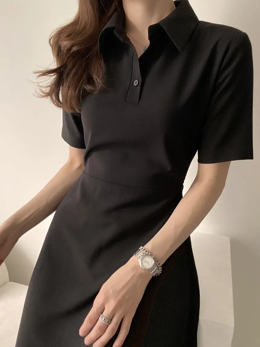 프렌치 감성 끈 리본 허리 조임 폴로 원피스 상세 이미지 21