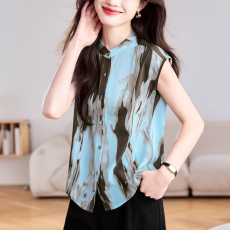 批发实拍蓝色晕染短袖衬衫2026气质显瘦<b class='q'>桑蚕丝</b>女士夏季新款<b class='q'>上衣</b>
