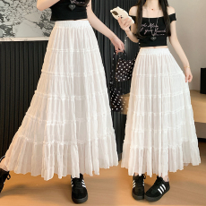 批发实拍 2025夏季新款木耳边拼接<b class='q'>半身</b>a字裙中长款大摆伞裙蛋糕裙