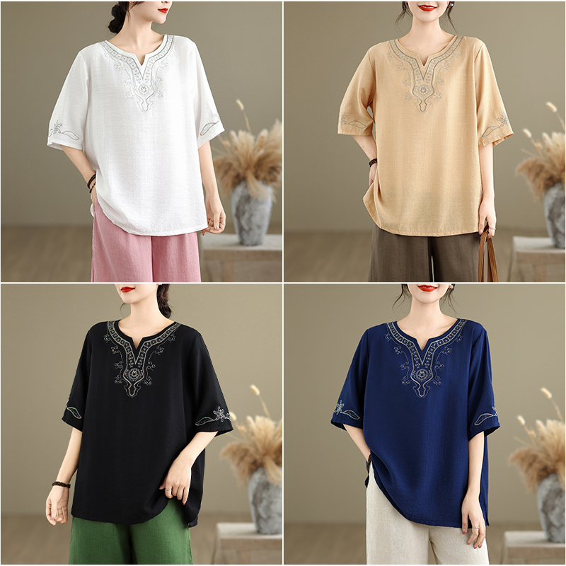 RY240# 实拍2026年夏季新款棉麻绣花短袖T恤圆领宽松大码上衣