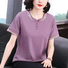 批发<b class='q'>妈妈装</b>2026春季新款刺绣短袖女T恤圆领宽松遮肚高级感小众设计