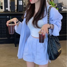 批发已出货     时尚休闲宽松长袖衬衫+阔腿直筒短裤套装