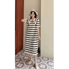 批发时尚套头休闲短袖宽松条纹黑白针织连衣裙<b class='q'>女</b>小香风显瘦长<b class='q'>裙</b>