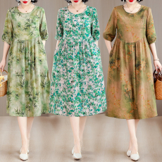 批发气质棉绸<b class='q'>连衣裙</b>女2025夏新款时尚洋气<b class='q'>人造棉</b>五分袖宽松中长款裙子