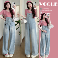 批发实拍现现2026<b class='q'>夏季</b>孕妇装新款前后两面穿阔腿背带裤+短袖针织套装