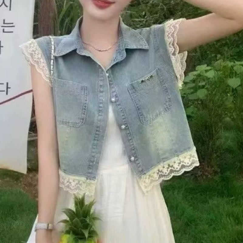 2026 여름 새로운 레이스 조각 데님 베스트 재킷 도트 무늬 드레스 투피스 세트 세트