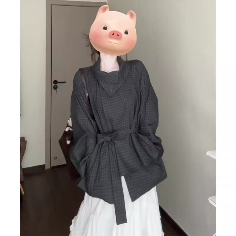 한 부서 느긋한 바람 스탠드 칼라 쇼트 스타일 바람막이 여성 코트 가을 회색 레트로 체크무늬 루즈핏 캐주얼 재킷 맨위