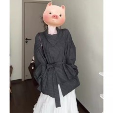 批发韩系慵懒风立领短款风衣外套女秋季灰色复古格子宽松休闲夹克上衣