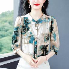 批发实拍2026夏季新品真丝小众油画优雅印花女士立领显瘦妈妈大码<b class='q'>衬衣</b>
