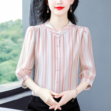 批发实拍2026夏季新品经典条纹真丝女士衬衣气质立领七分袖洋气小衫