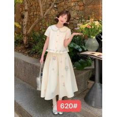 批发童趣手绘绣花半身裙两件套女夏季娃娃领短袖衬衫A字裙