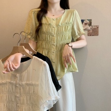 批发实拍2026夏装新款胖mm大码女法式褶皱短袖衬衫甜美泡泡袖小衫上衣