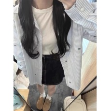 批发蓝白条纹蝴蝶结印花<b class='q'>衬衫</b>女春秋夏季韩版宽松慵懒休闲<b class='q'>长袖</b><b class='q'>衬衣</b>