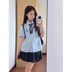 批发2025夏季新款<b class='q'>泰国</b>学院风短袖衬衫绣花蓝色衬衣