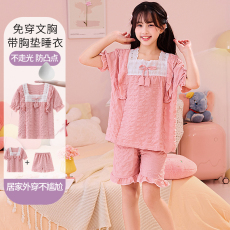 批发天星--夏季儿童短袖云朵棉亲子女孩带胸垫<b class='q'>母女</b>花边睡衣套装家居服