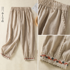 批发实拍2026夏新款棉麻大码文艺复古宽松休闲刺绣花边九分<b class='q'>哈伦裤</b>