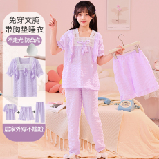 批发天星--夏季儿童短袖云朵棉亲子女孩带胸垫<b class='q'>母女</b>花边睡衣套装家居服