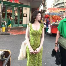 批发绿色蕾丝碎花<b class='q'>连衣裙</b>女夏季新款气质显白修身<b class='q'>高腰</b>长裙子