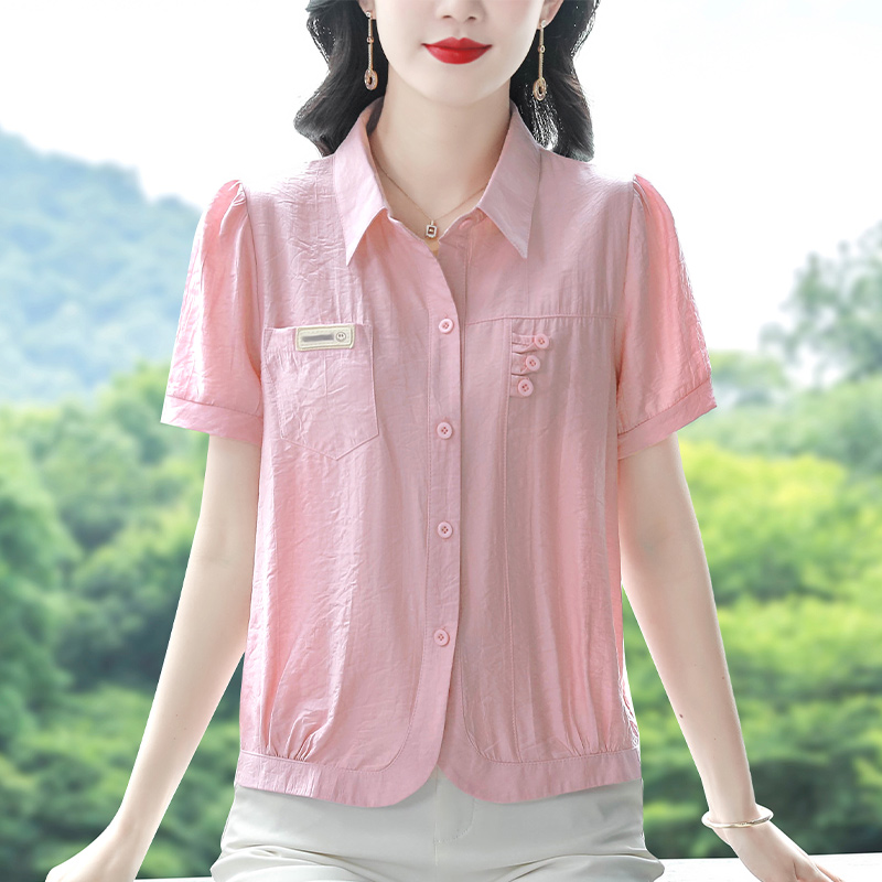 RY668# 时尚减龄短袖衬衫女装新款洋气短款上衣漂亮开衫遮肚显瘦小衫