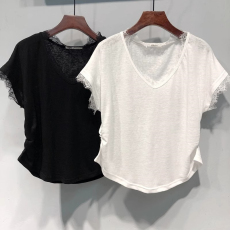 批发官图雪花棉V领蕾丝花边短袖T恤女夏季宽松<b class='q'>韩版</b>打底衫正肩半袖上衣