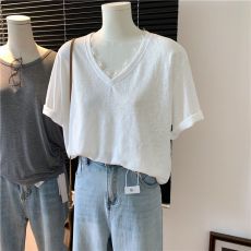 批发官图雪花棉简约纯色V领蕾丝边短袖T恤女夏季宽松<b class='q'>韩版</b>薄款打底衫