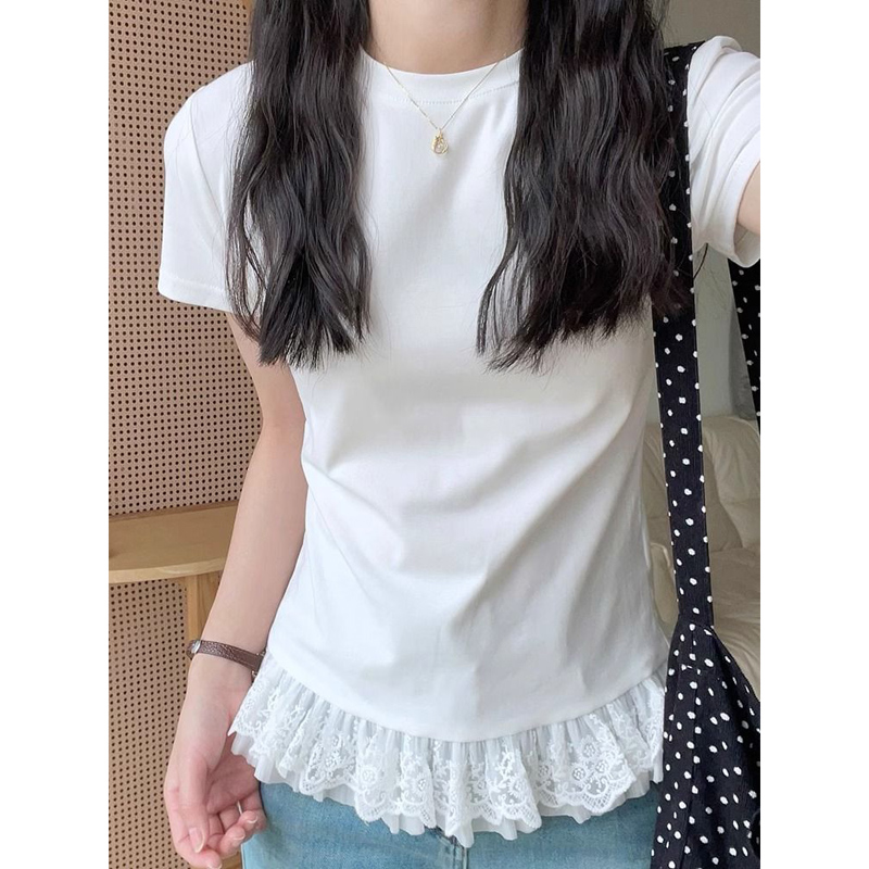 MY4612# 纯棉罗纹设计感小众蕾丝花边短袖T恤女夏季修身内搭韩版拼接上衣女裝貨源服裝批發